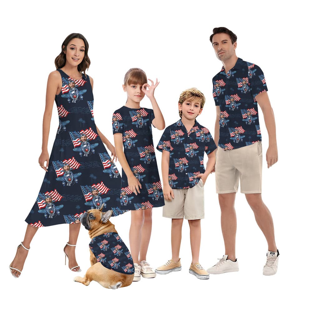 Custom Face American Flags Plane Matching Family Hawaiian Outfits