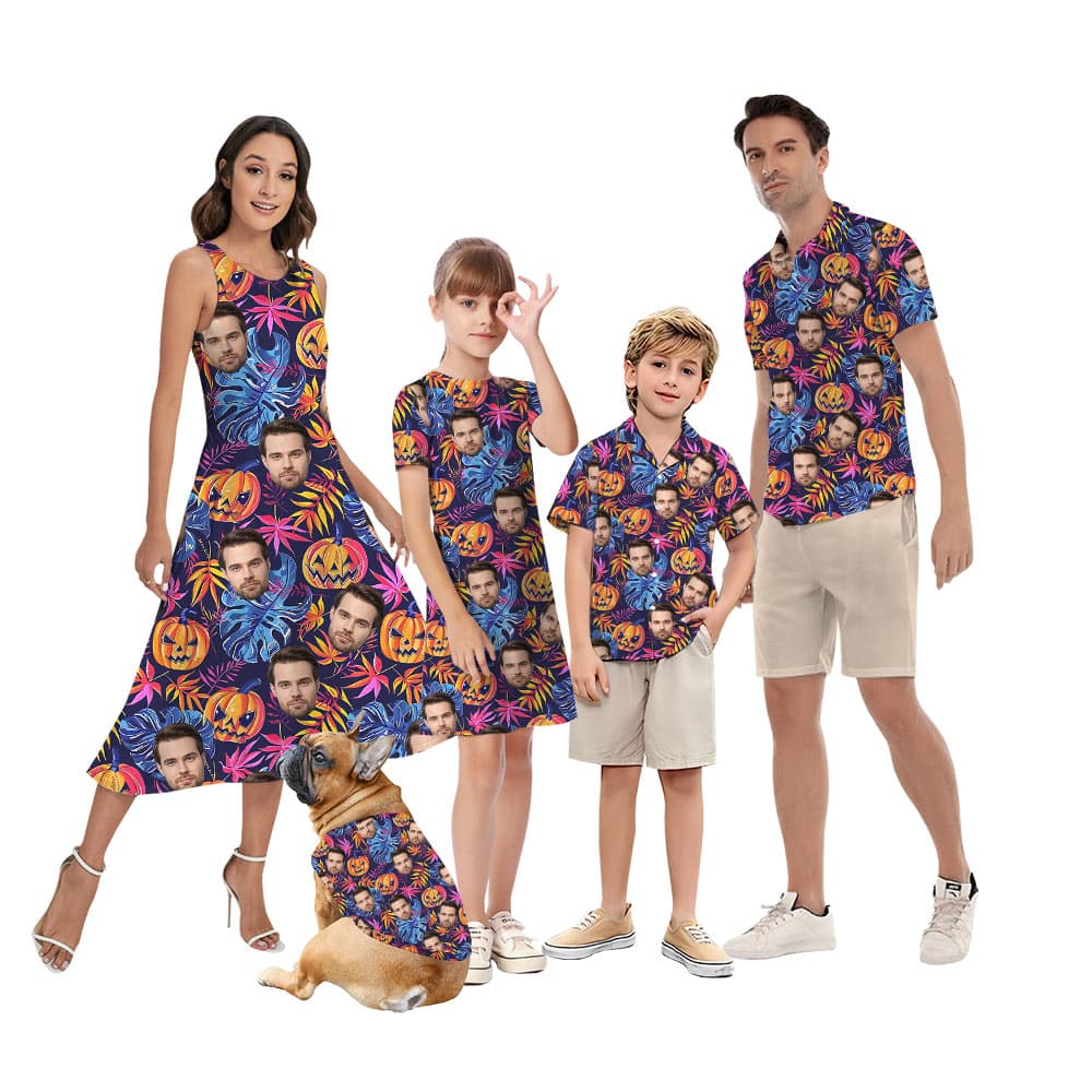 Custom Face Halloween Pumpkin Matching Hawaiian Outfits For Family