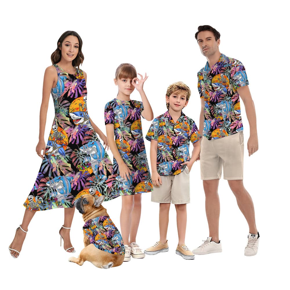 Shark Skeleton Horror Halloween Matching Hawaiian Outfits For Family