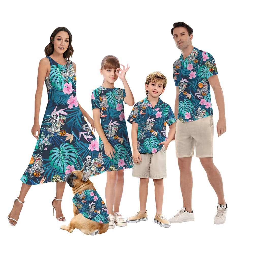 Skeleton Dinosaur Halloween Matching Family Hawaiian Outfits