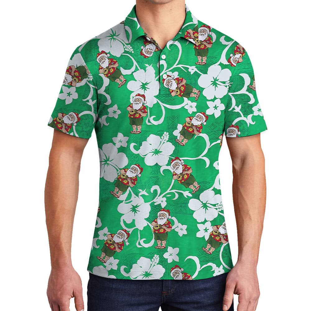 Classic Santa Playing Ukulele Hibiscus Green Polo Shirt