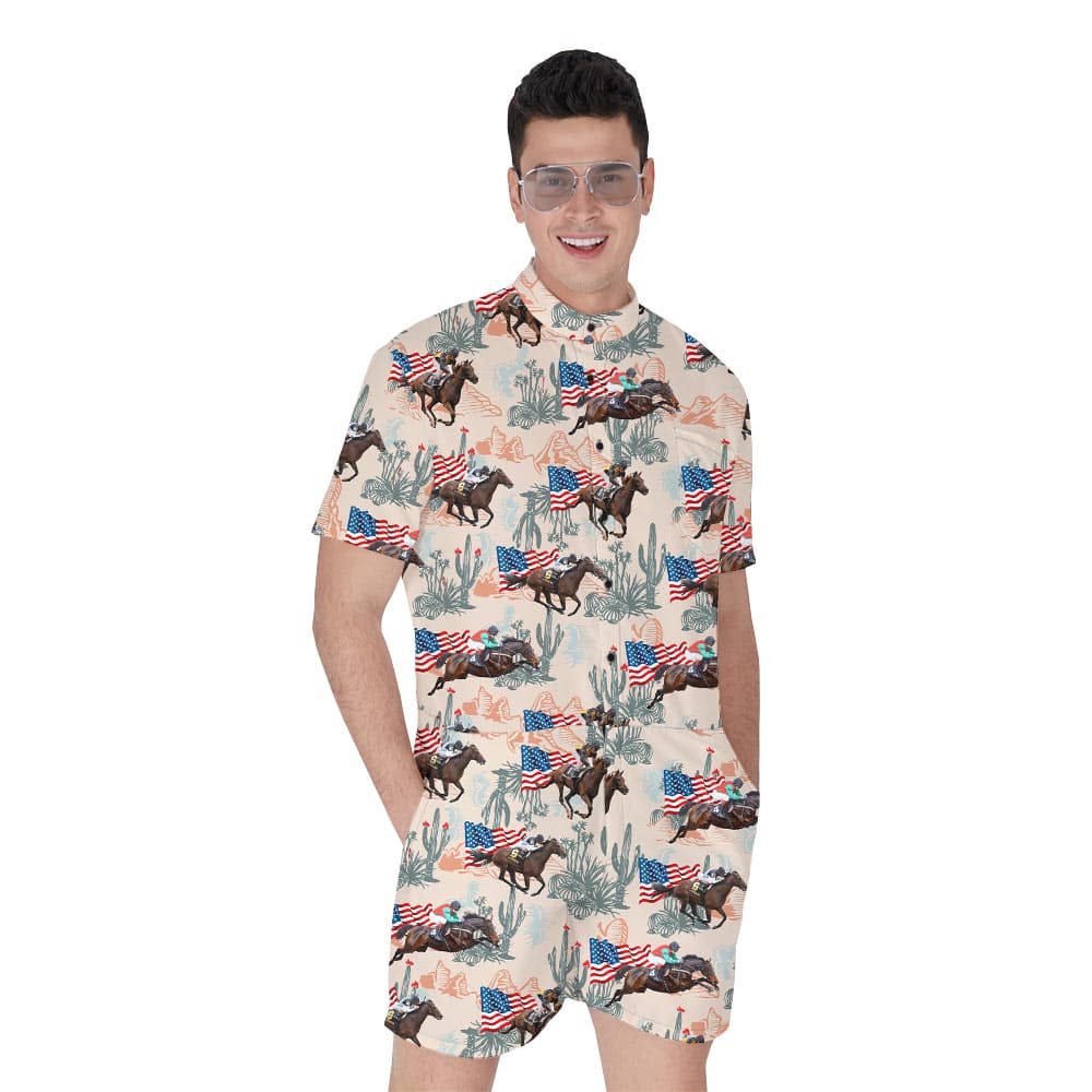 Cool Racing Horse American Flag Hawaiian Romper
