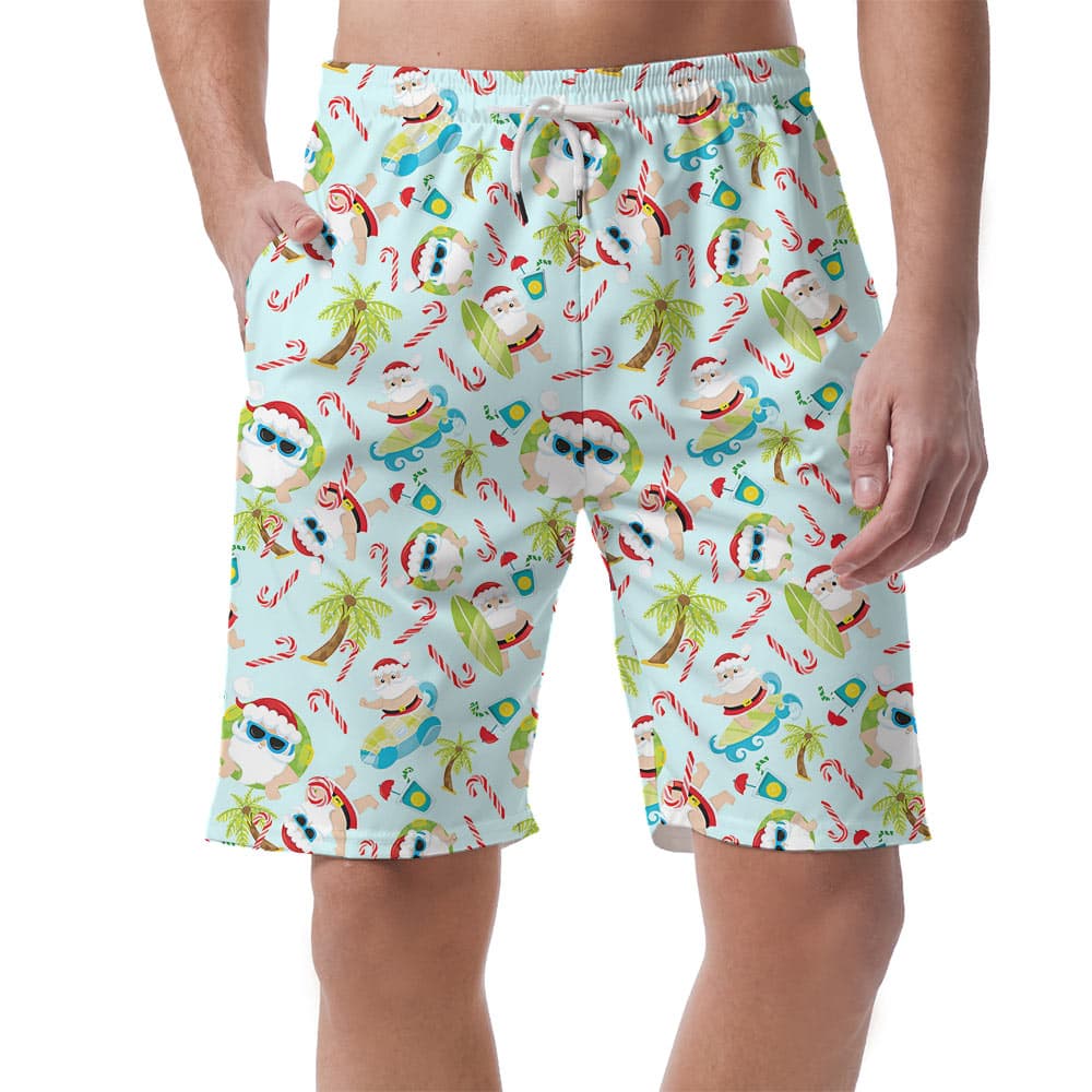 Cute Santa Claus Surfing Tropical Christmas Men's Beach Shorts