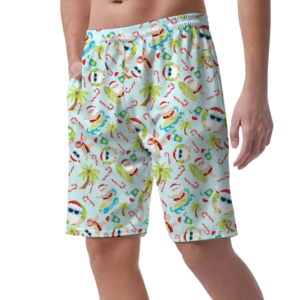 Cute Santa Claus Surfing Tropical Christmas Men's Beach Shorts