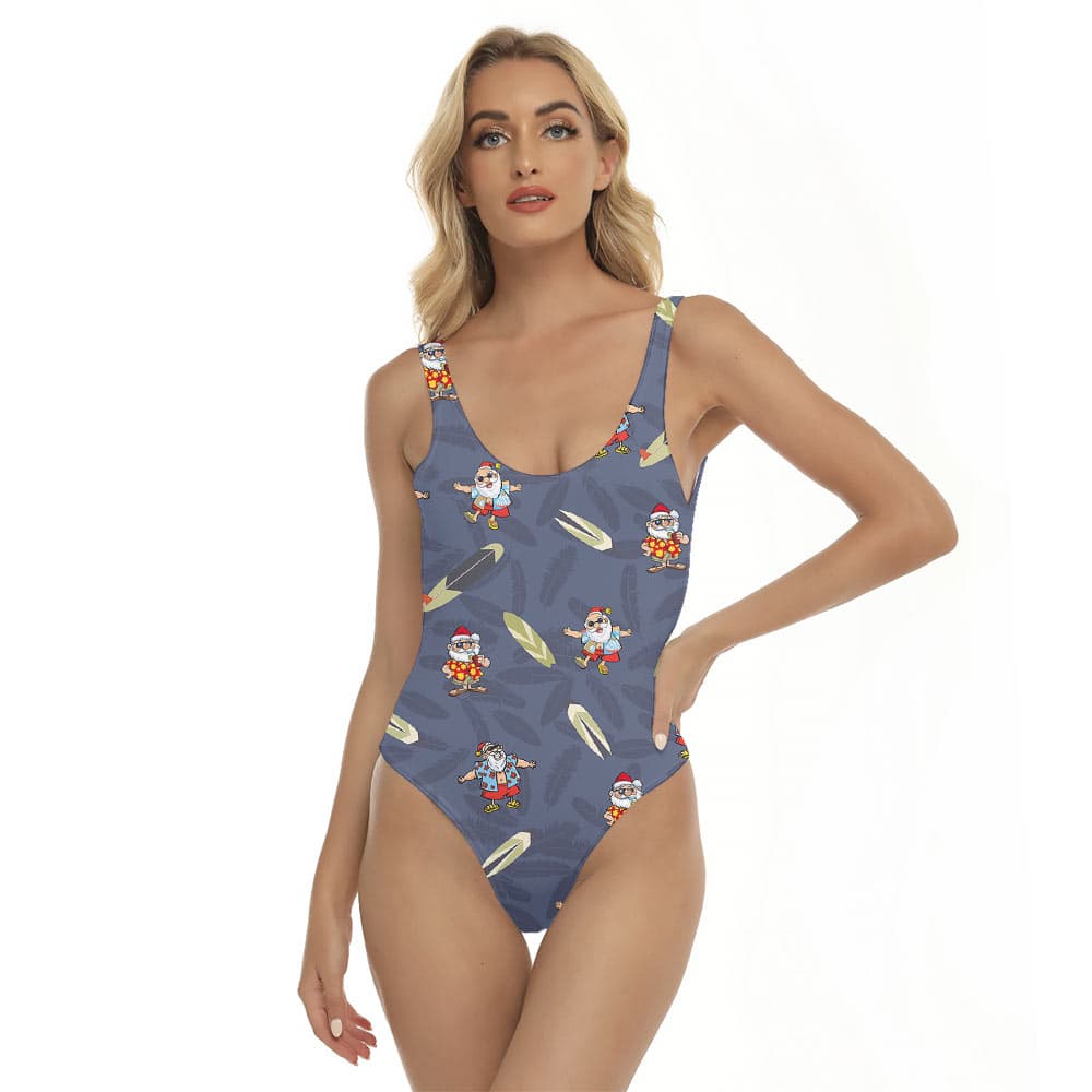 Cute Santa Claus With Surfing Board Navy Swimsuit