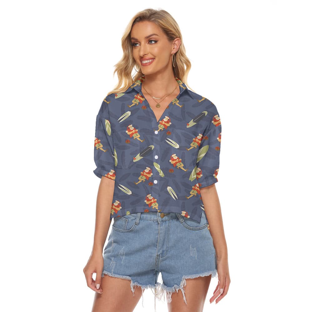 Cute Summer Santa Claus Navy Women's Cropped Shirt