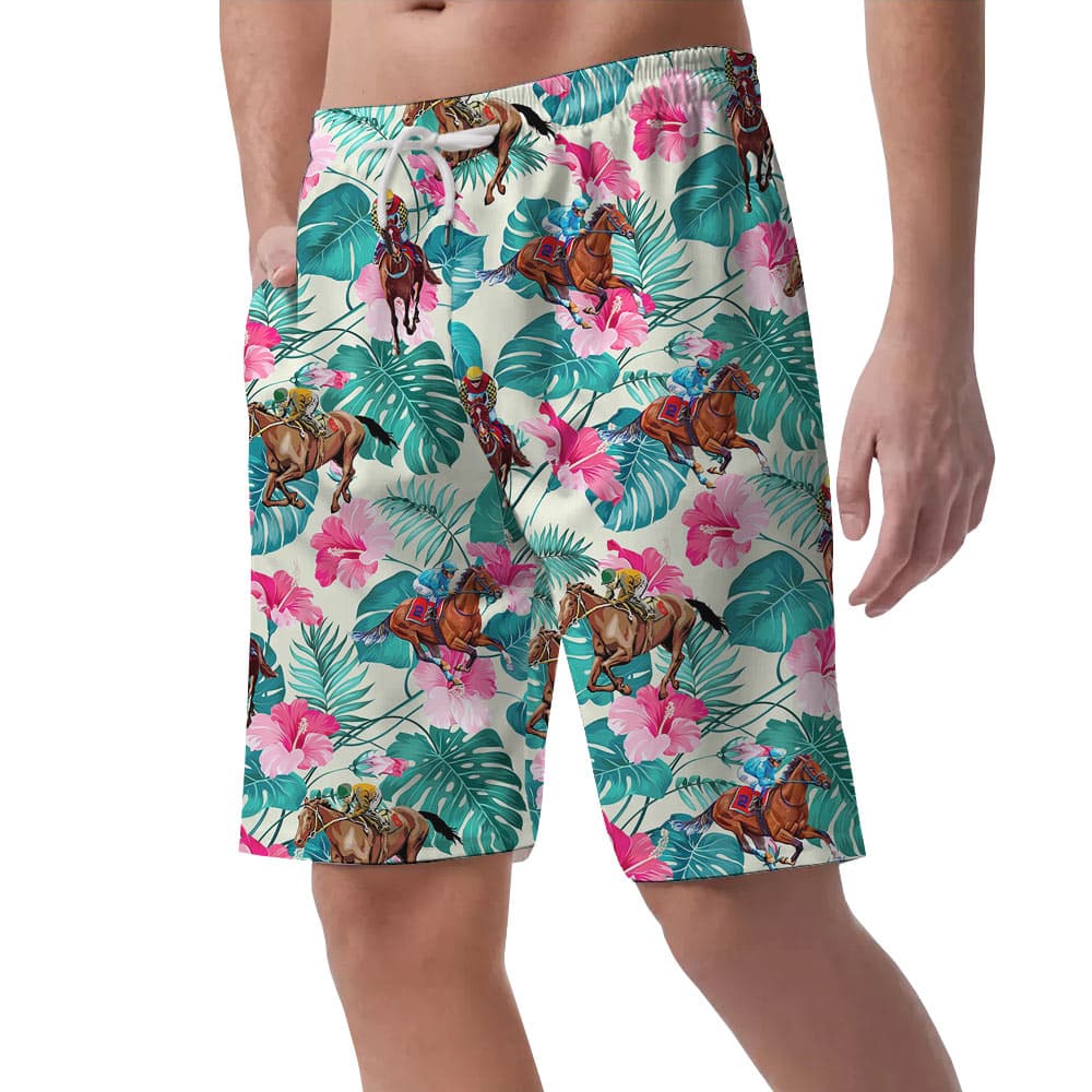Floral Racing Horse Hawaiian Beach Shorts