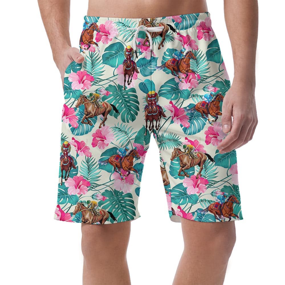 Floral Racing Horse Hawaiian Beach Shorts