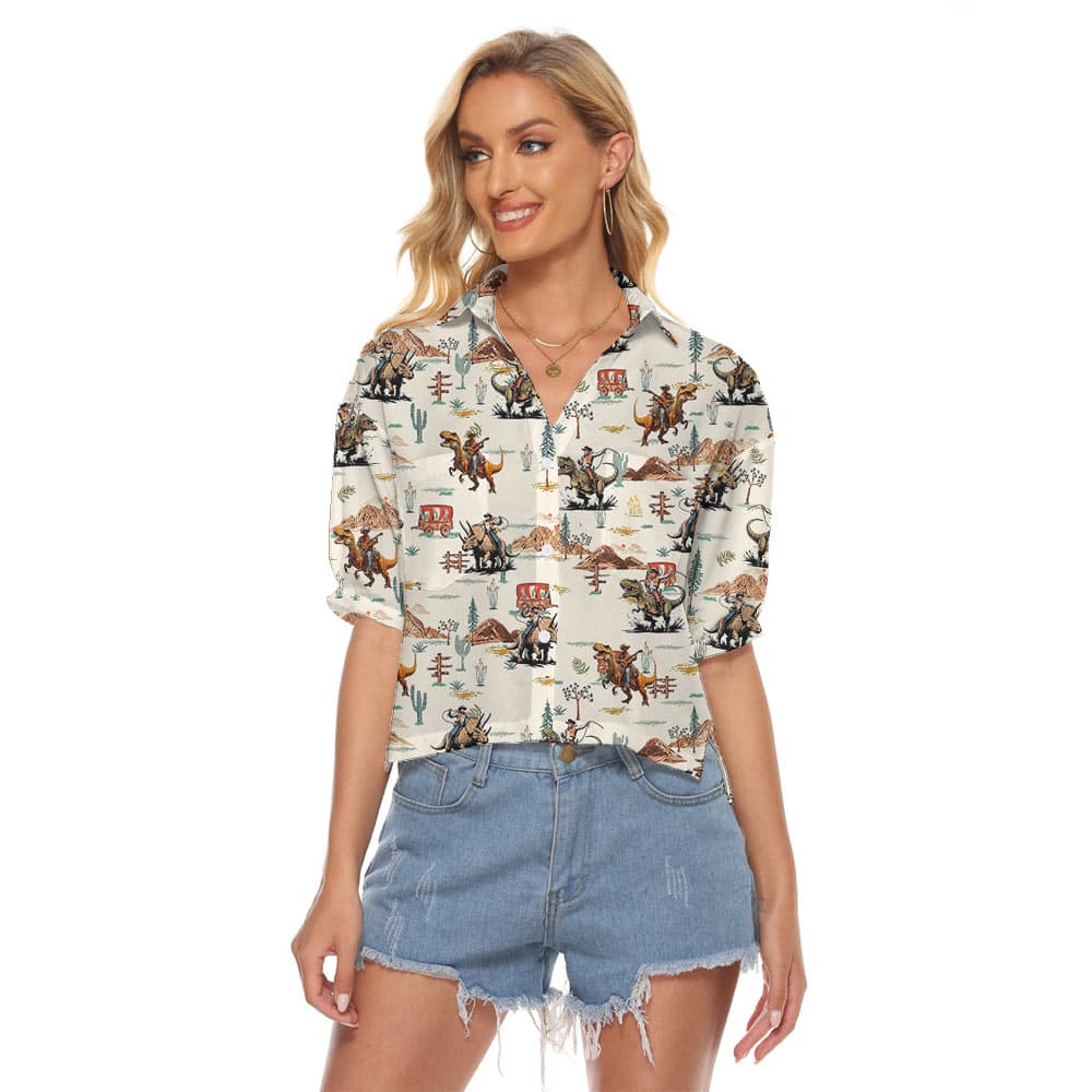 Funny Cowboy Riding Dinosaur Women's Cropped Shirt