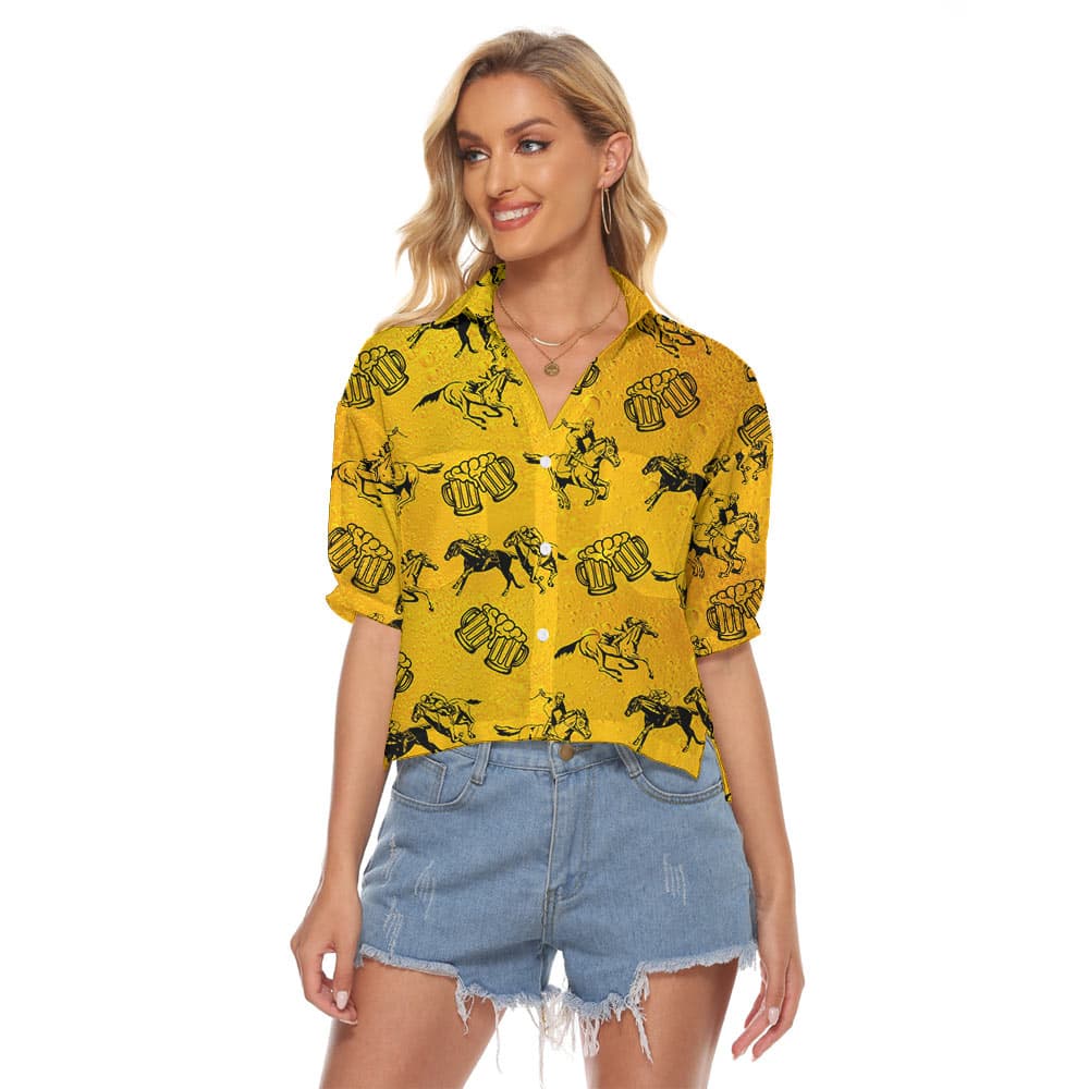 Funny Horse Racing And Beer Hawaiian Crop Top Shirt