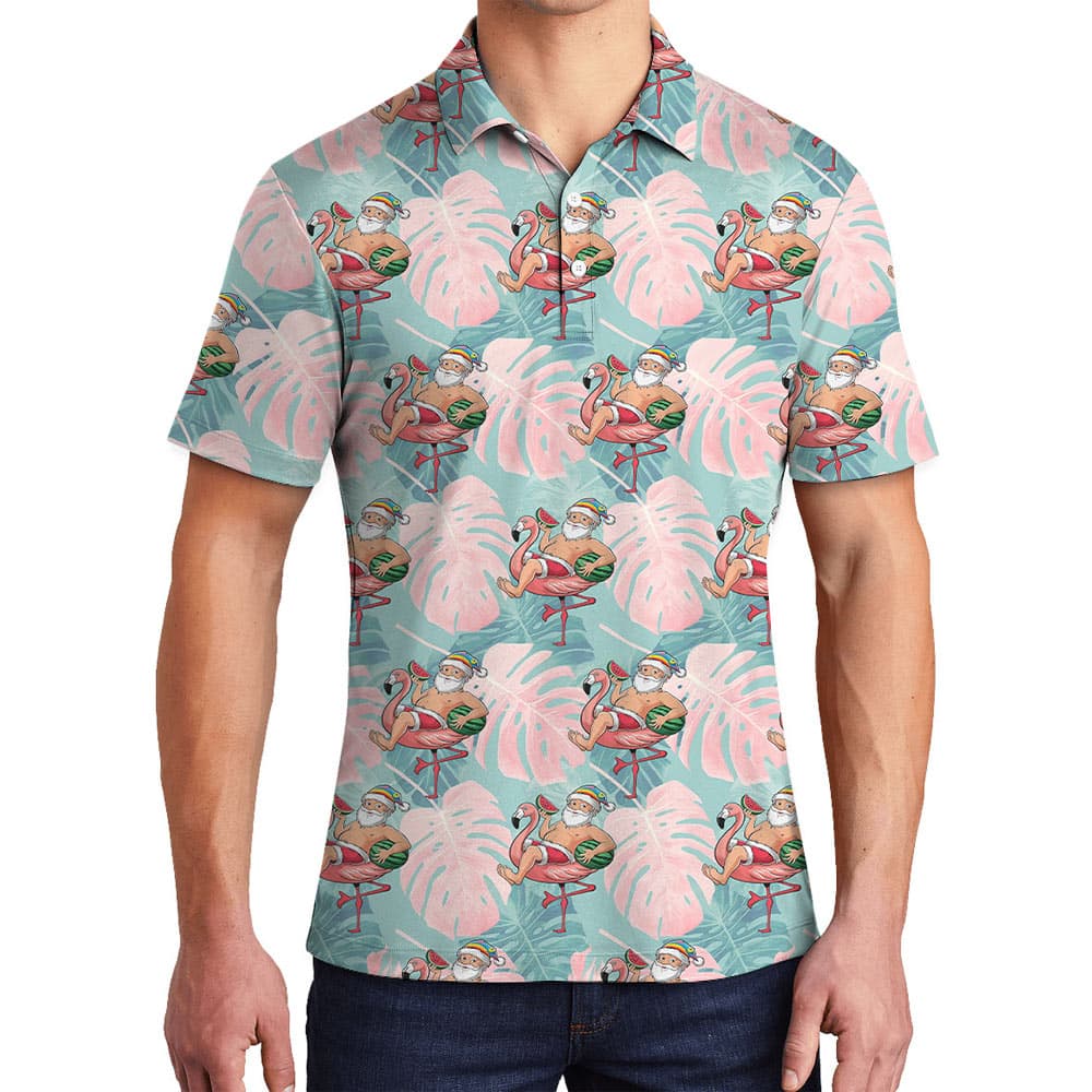 Funny Summer Santa Flamingo Tropical Polo Shirt