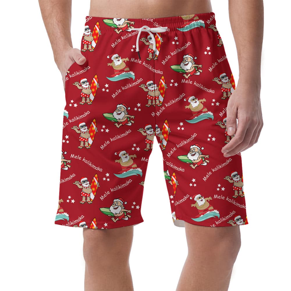 Mele Kalikimaka Santa Surfing Men's Beach Shorts