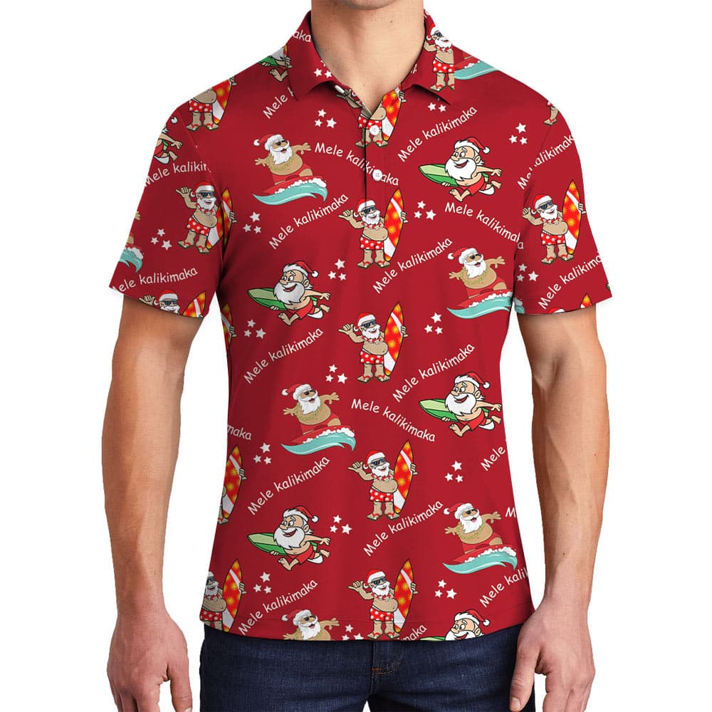 Mele Kalikimaka Surfing Santa Red Polo Shirt