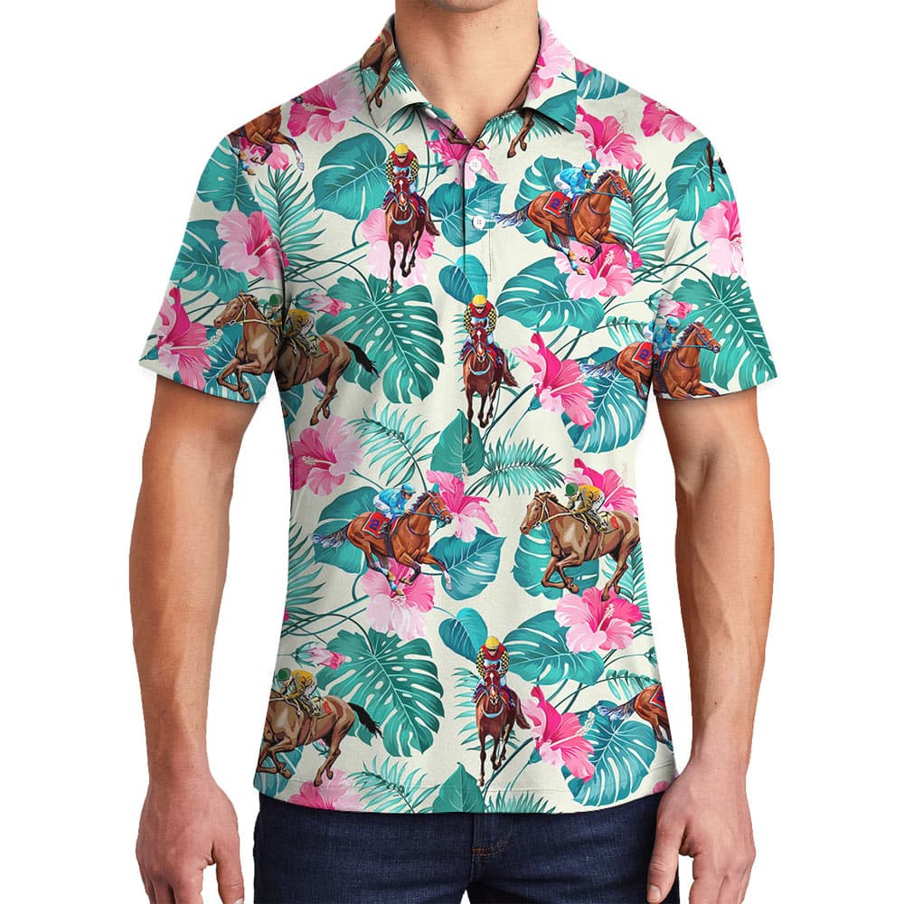 Racing Horse Tropical Hibiscus Hawaiian Polo Shirt