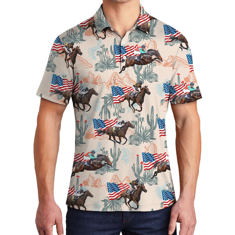 Racing Horse With American Flag Hawaiian Polo Shirt