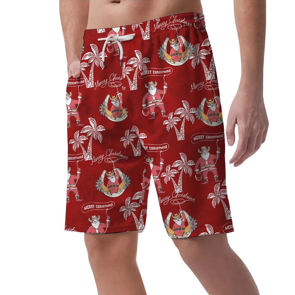 Vintage Santa Claus Cowboy Men's Beach Shorts