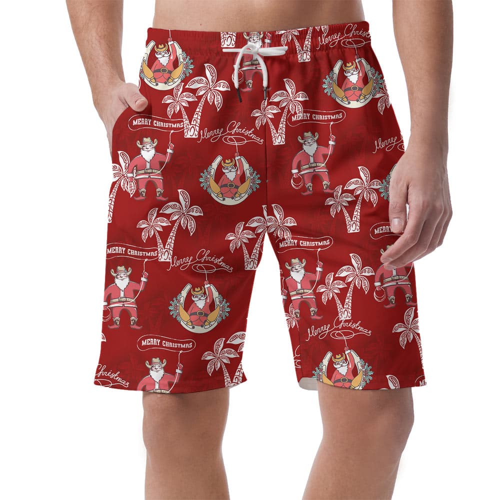 Vintage Santa Claus Cowboy Men's Beach Shorts