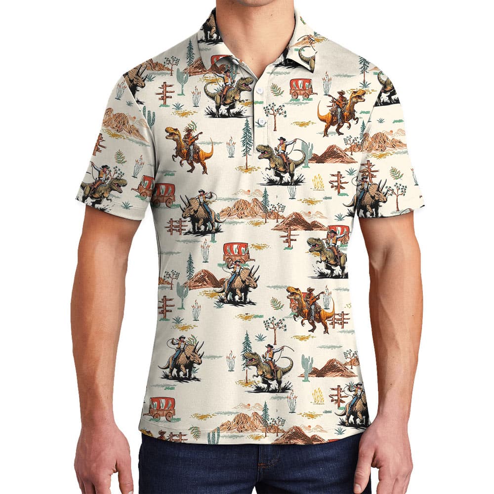 Western Cowboy Riding Dinosaur Hawaiian Polo Shirt