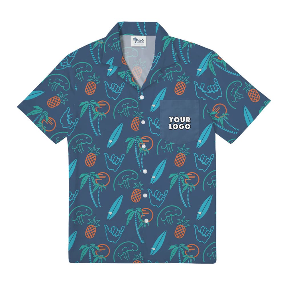 Custom Company Logo Pocket Blue Hawaiian Shirt
