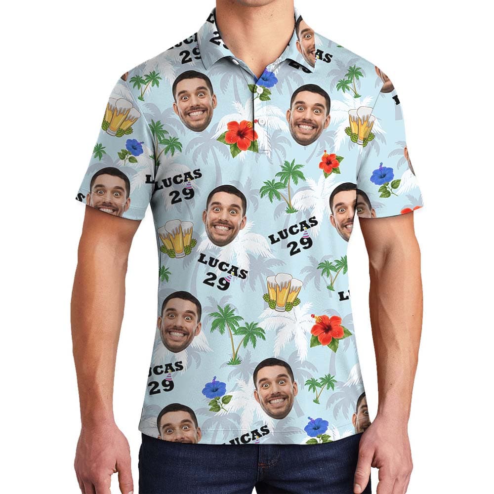 Happy Birthday Tropical Vibe Polo Shirt With Faces and Text