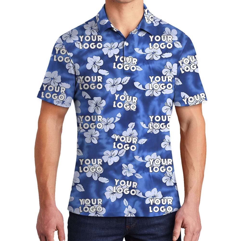 Hibiscus And Custom Logo Collared Polo Shirt Blue