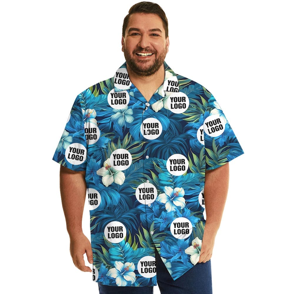 Custom Logo Hibiscus Blue Hawaiian Shirt Big And Tall