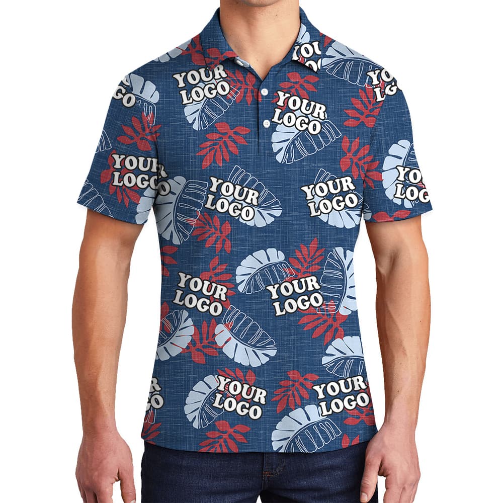 Custom Logo Navy Floral Hawaiian Polo Shirt (3)