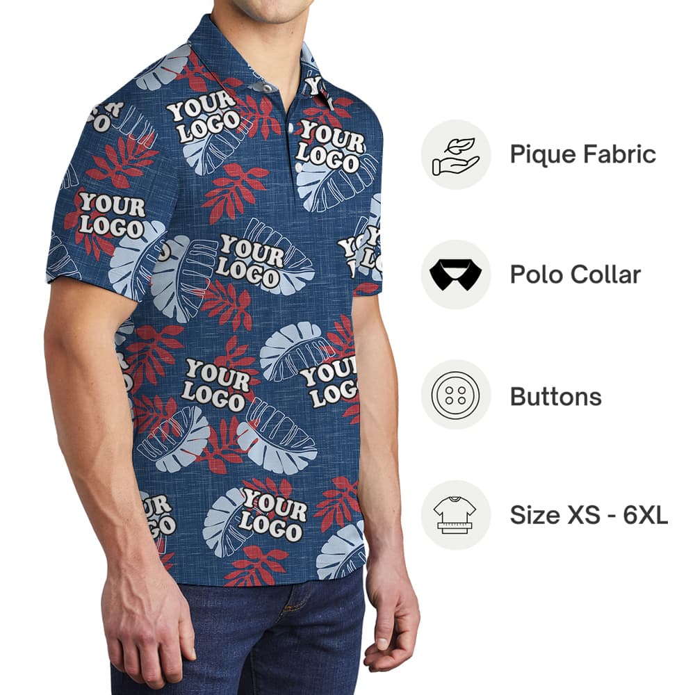 Custom Logo Navy Floral Hawaiian Polo Shirt