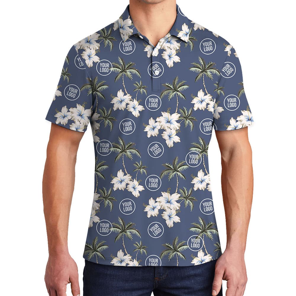 Custom Logo Or Face Polo Shirt With Palm Tree And Hibiscus