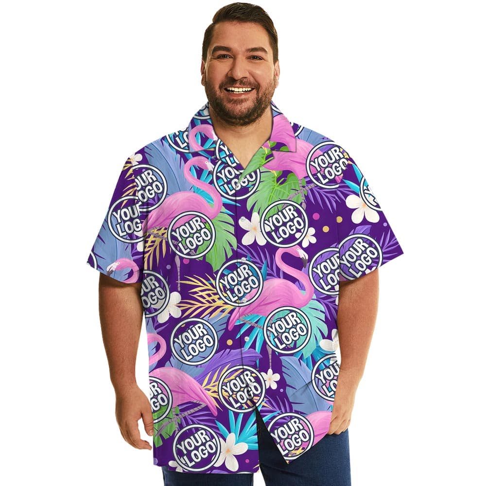 Custom Logo Purple Flamingo Plus Size Aloha Shirt perfect for summer events, sizes for everyone!