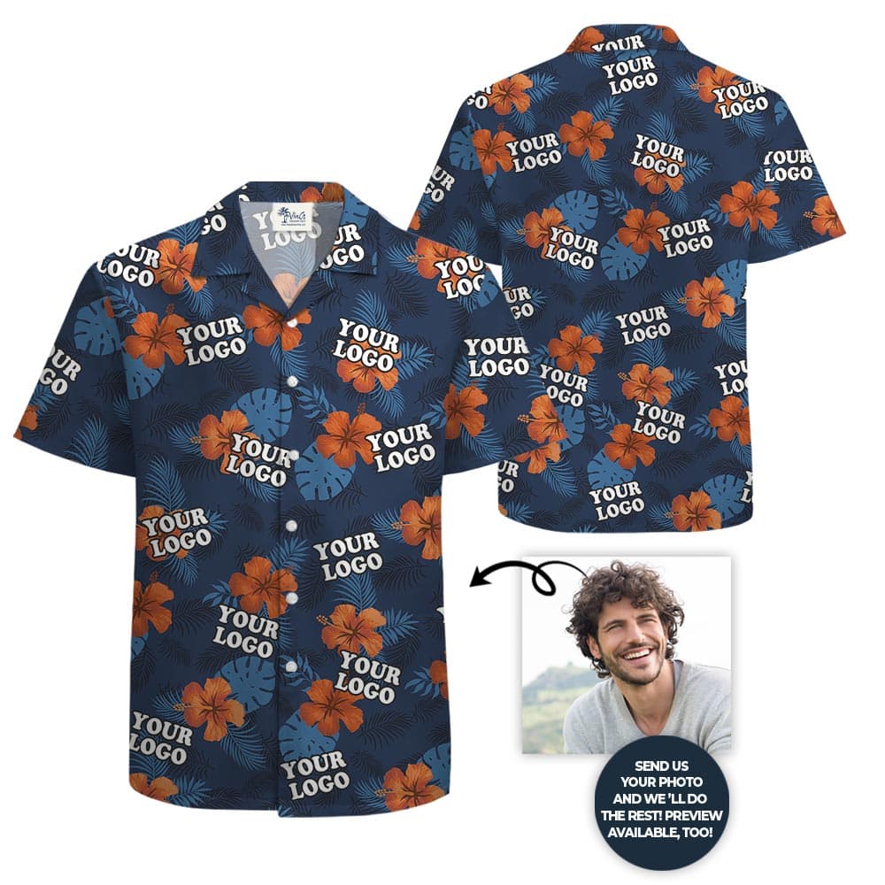 Navy Hibiscus Team Hawaiian Shirt With Logo Plus Size