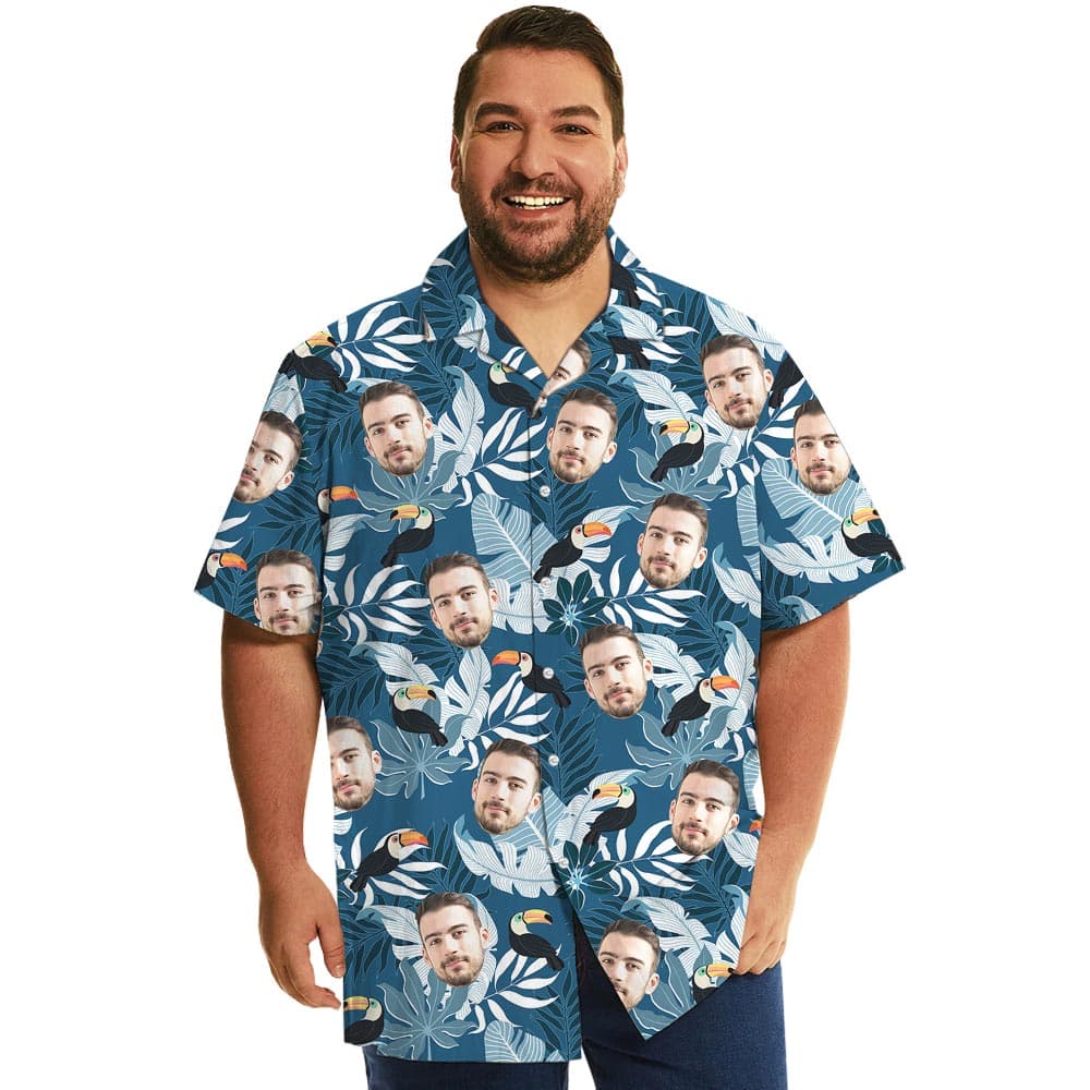 Personalized Oversized Hawaiian Shirt With Your Face with blue tropical pattern and toucan