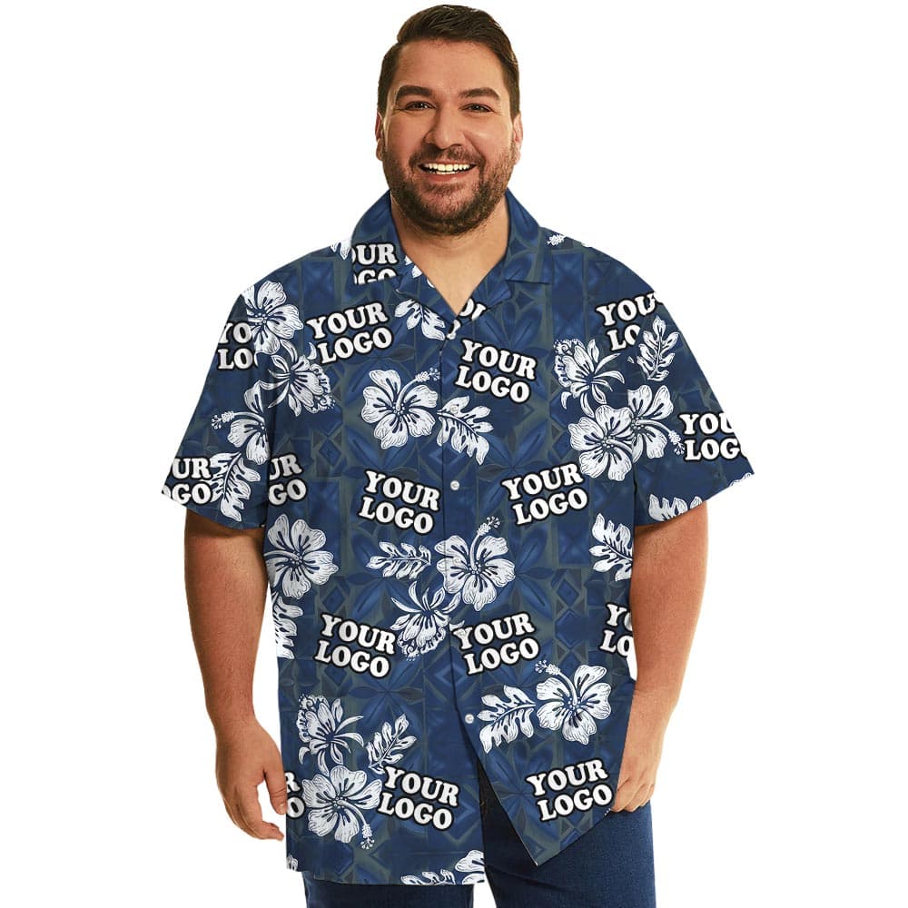 Custom Logo Vintage Navy Hawaiian Shirt With Hibiscus