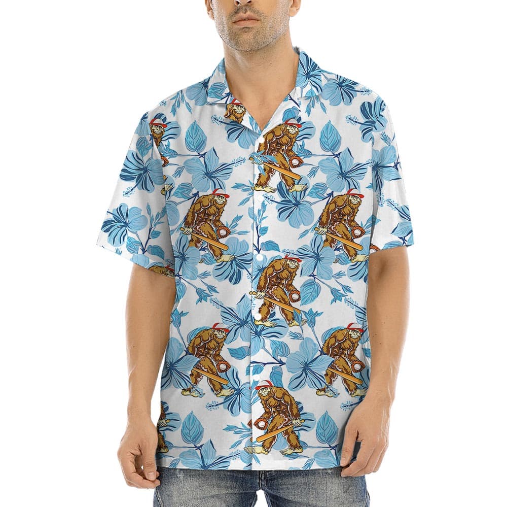 Bigfoot Baseball Short Sleeved Button Hawaiian Shirt