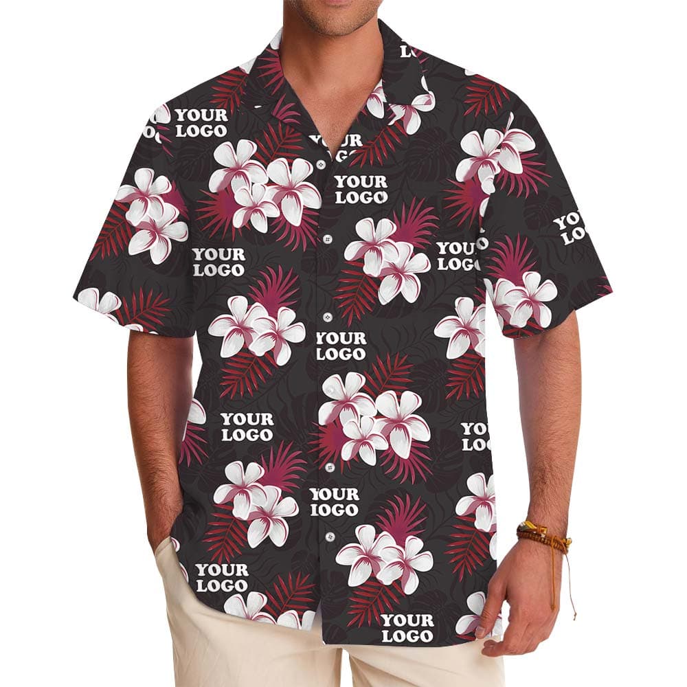 Black And Red Floral Button Up Shirt With Logo On Them