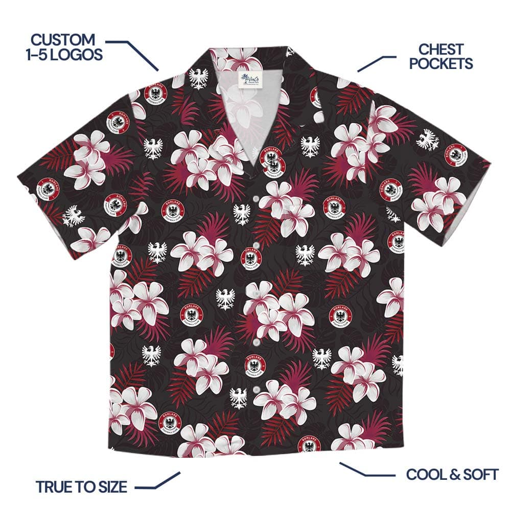 Black And Red Floral Button Up Shirt With Logo On Them