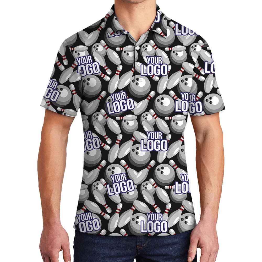 Black Custom Bowling Team Logo Collared Polo Shirt