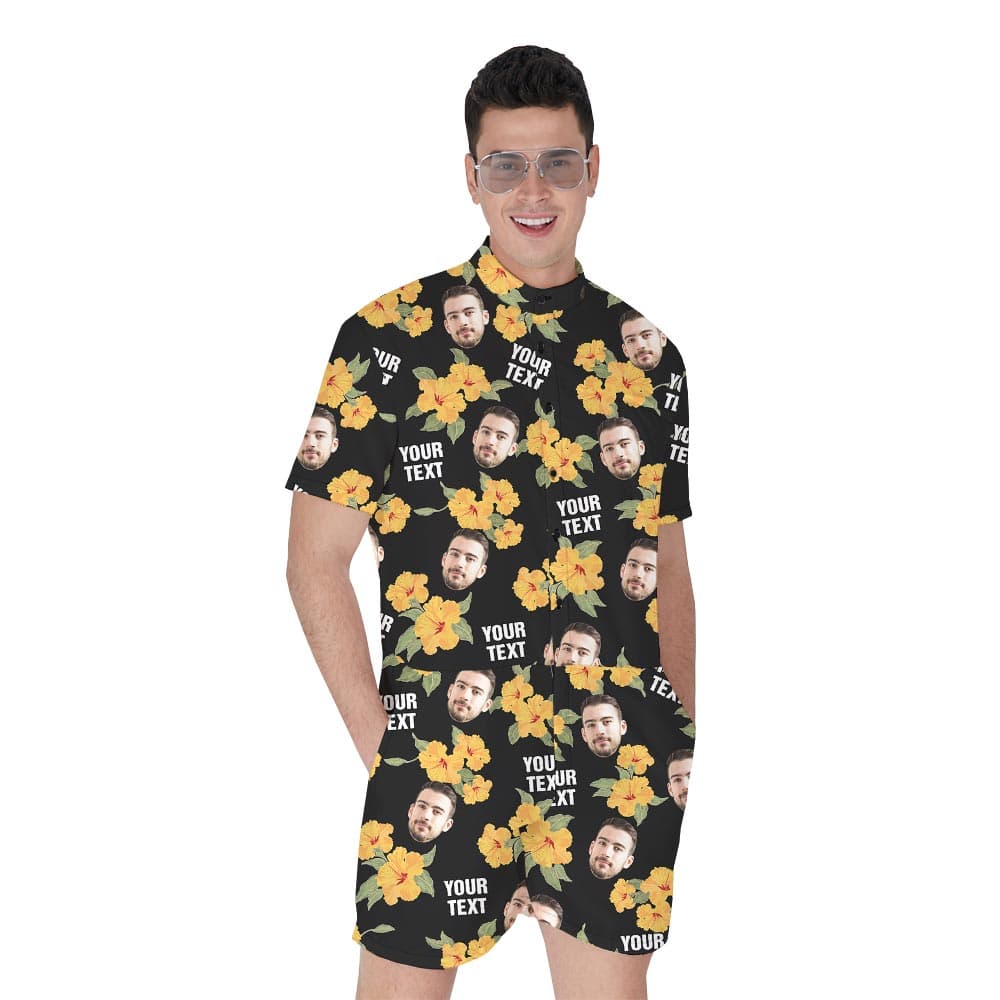 Black Floral Personalized Men's Romper With Multiple Faces