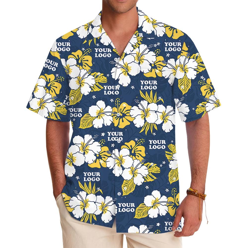 Blue And Yellow Custom Logo Hawaiian Shirt With Floral Theme