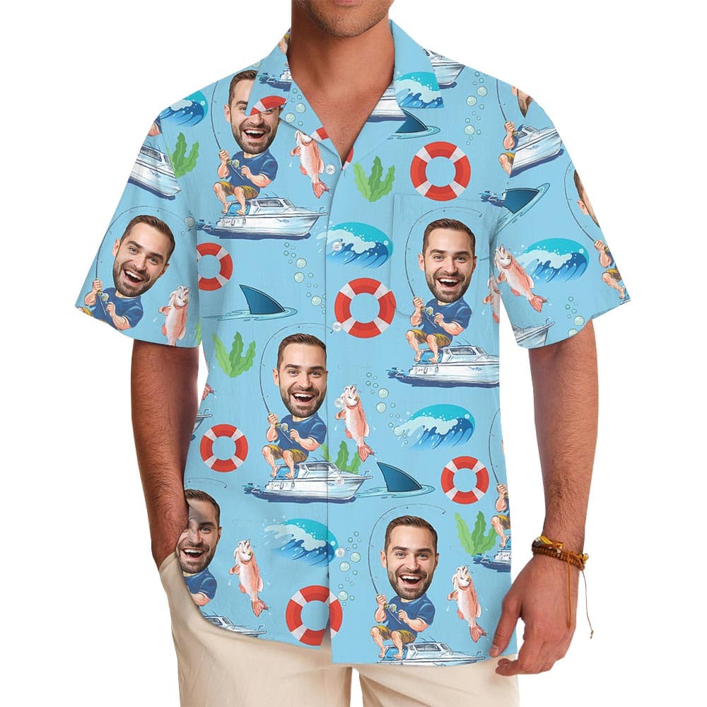 Blue Custom Face Fishing Men's Hawaiian Shirt