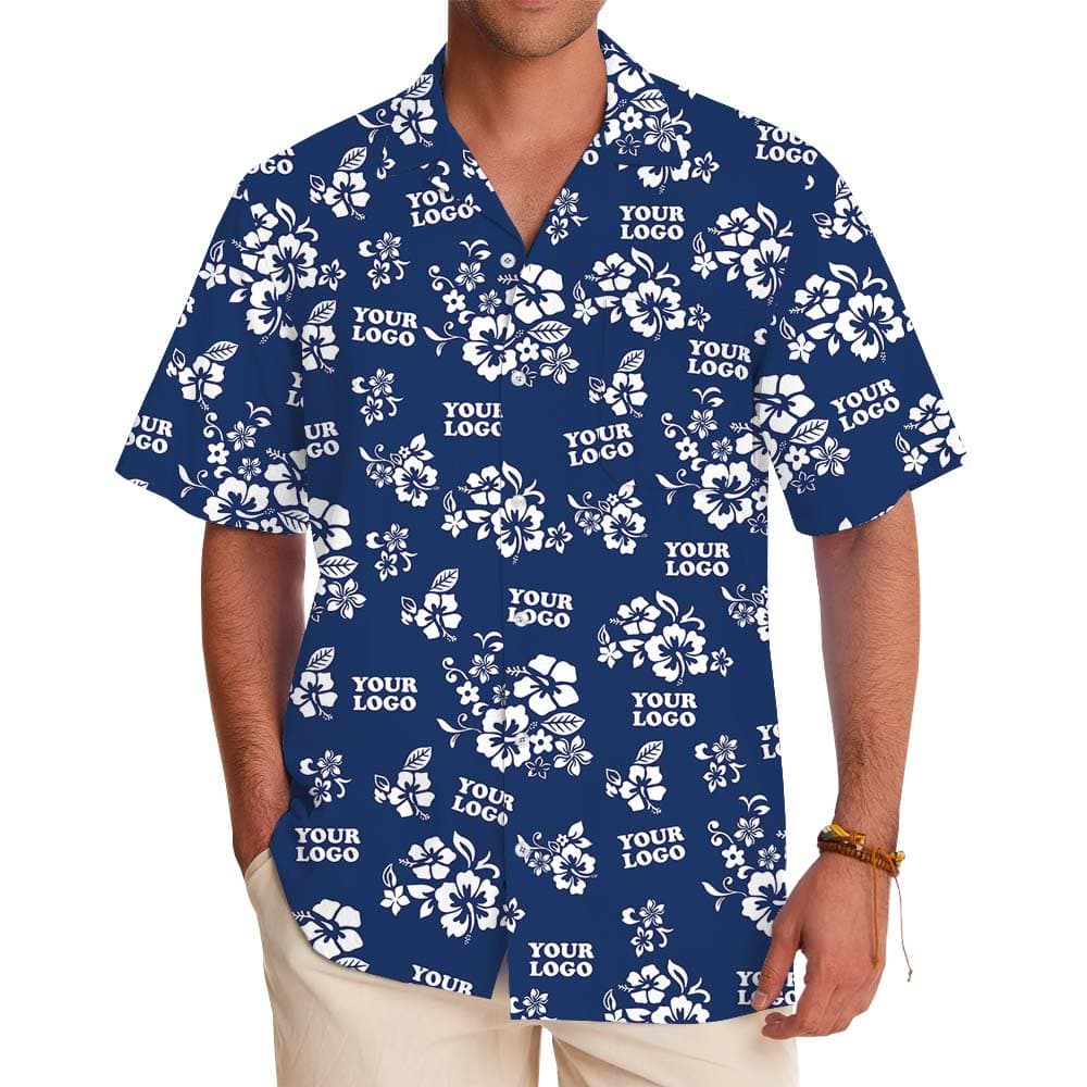 Blue Floral Hawaiian Button Up Shirt With Custom Logo