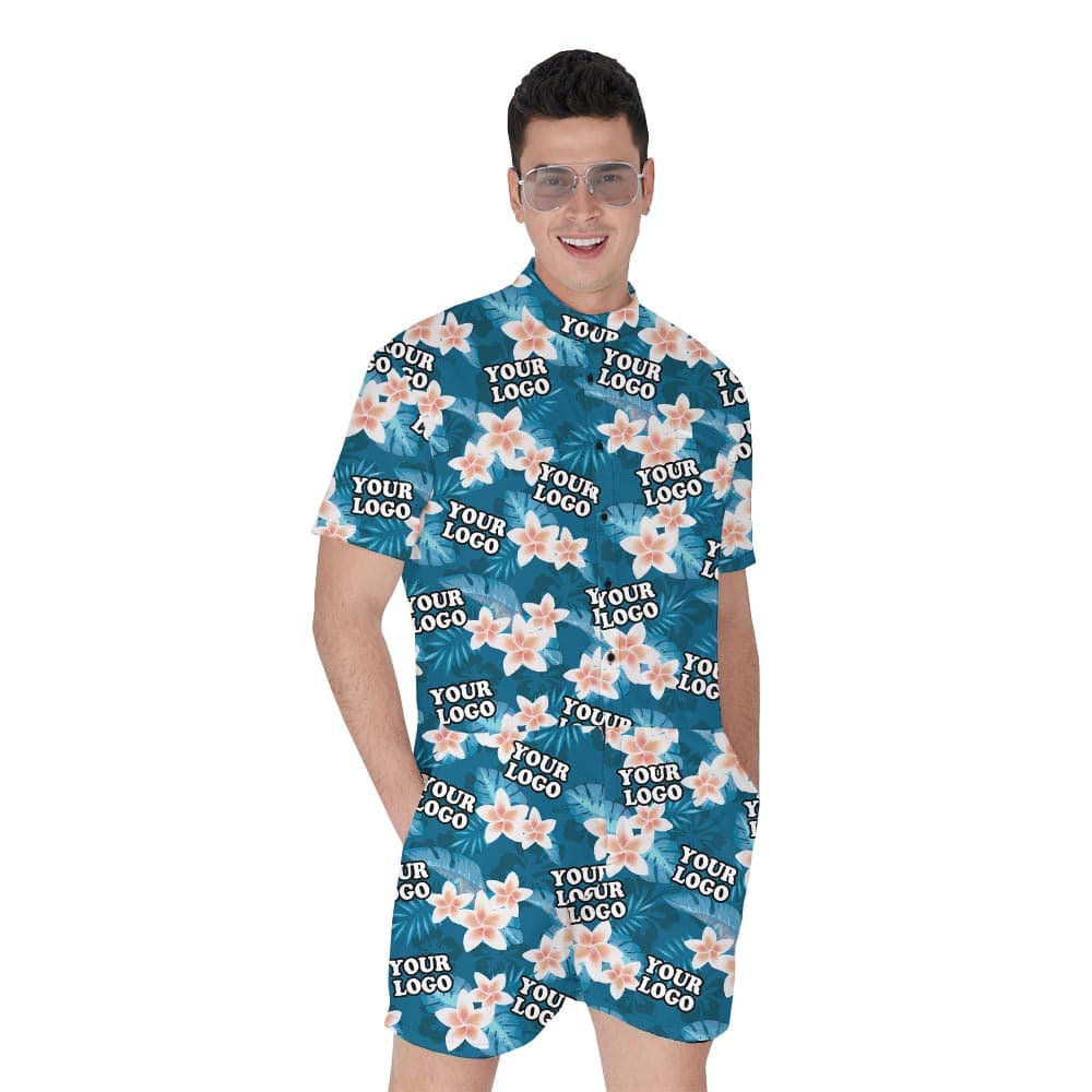 Blue Floral Men's Matching Romper With Logo For Team