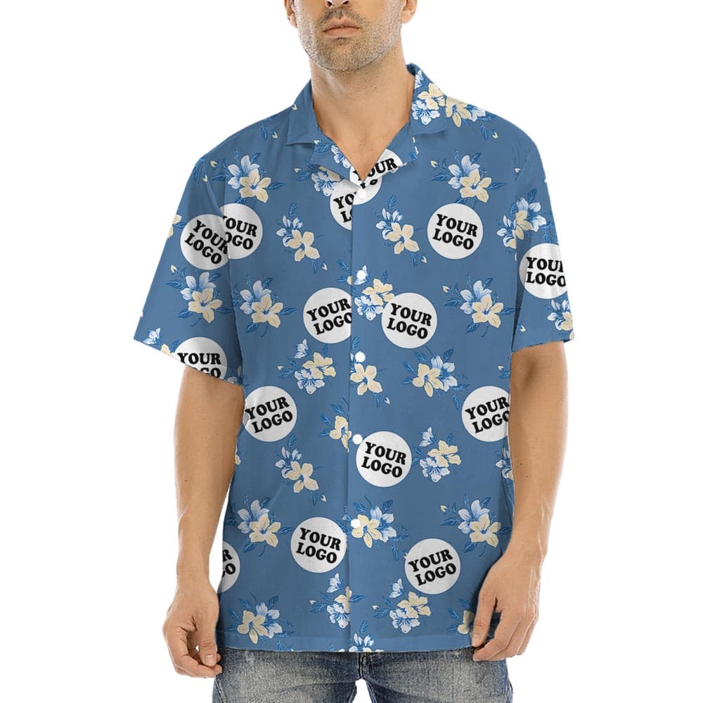 Blue Floral Personalized Team Hawaiian Shirt With Many Logos
