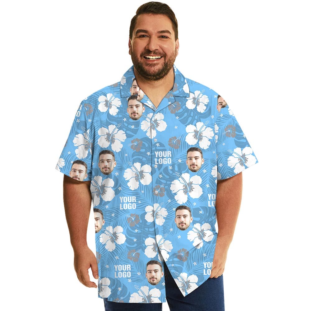 Blue Floral Your Logo Hawaiian Shirt Matching For Company