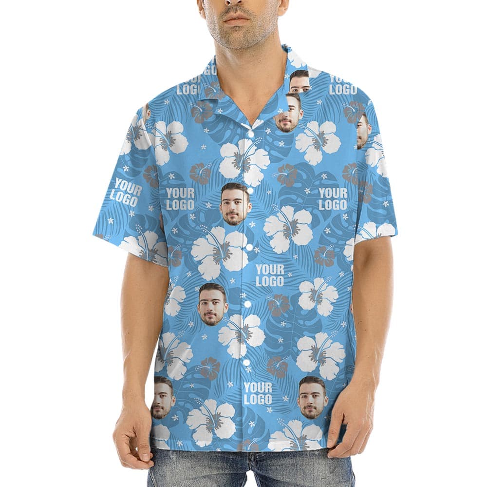 Blue Floral Your Logo Hawaiian Shirt Matching For Company (8)