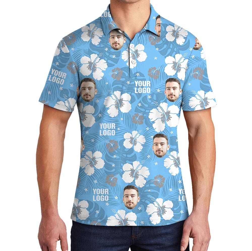 Blue Hibiscus Custom Logo Tropical Performance Polo Shirt