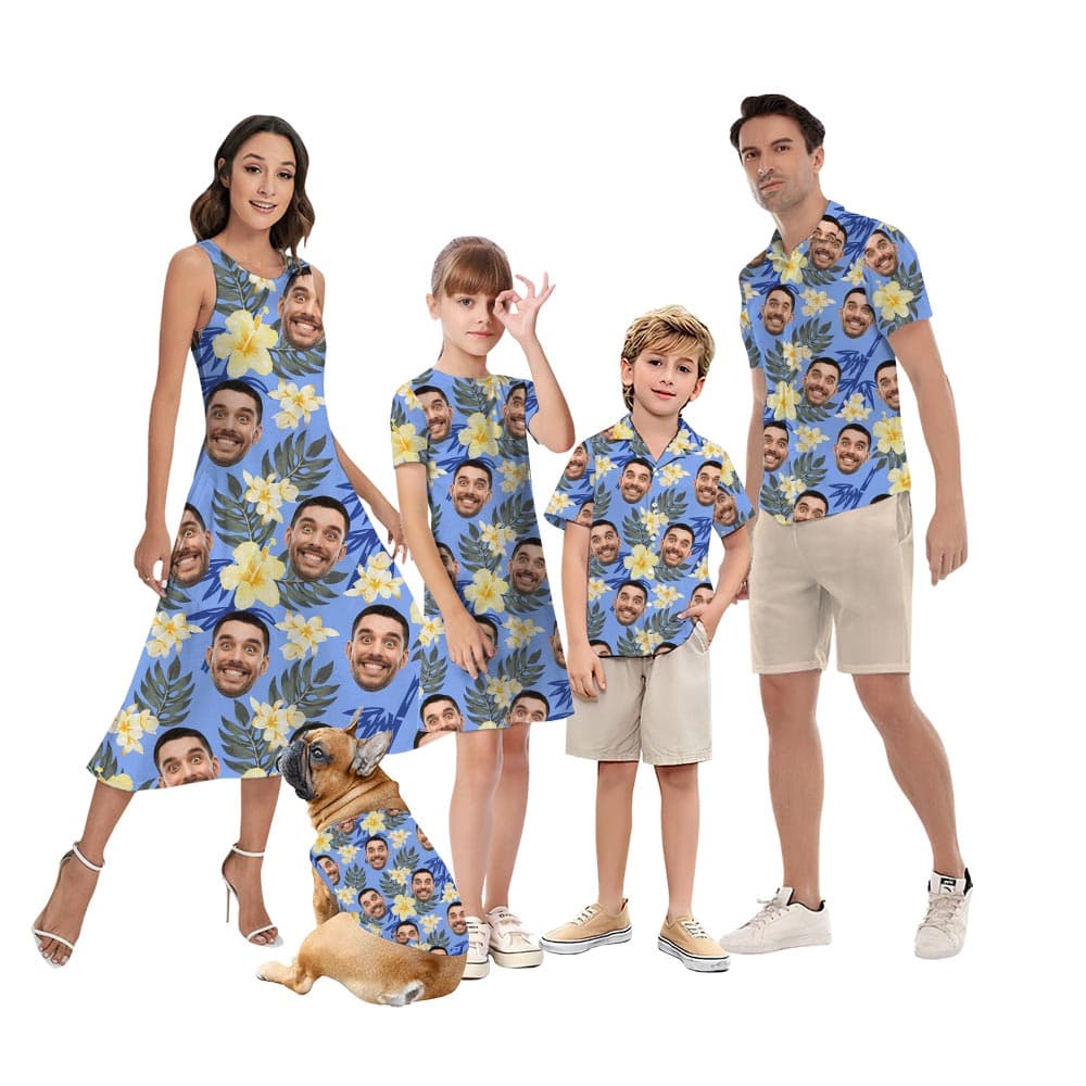 Blue Matching Family Hawaiian Shirt And Dress With Custom Face with Aloha clothes for all members