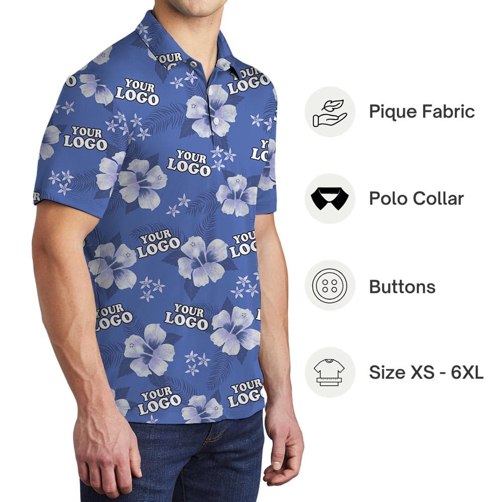 Blue Personalized Floral Polo Shirt With Logo
