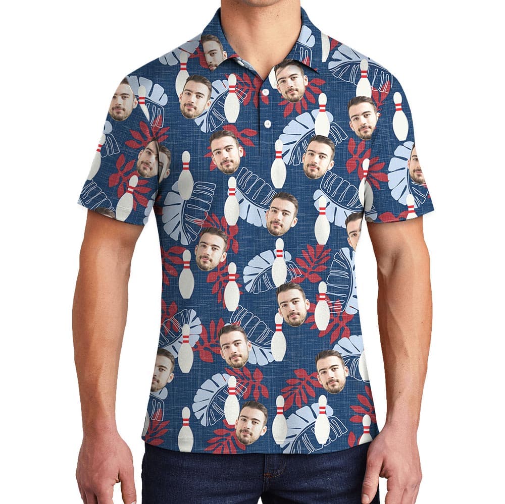 Blue Tropical Custom Bowling Hawaiian Polo With Face
