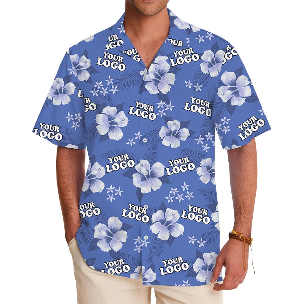 Bulk Custom Logo Blue Vintage Hibiscus Navy Hawaiian Shirt